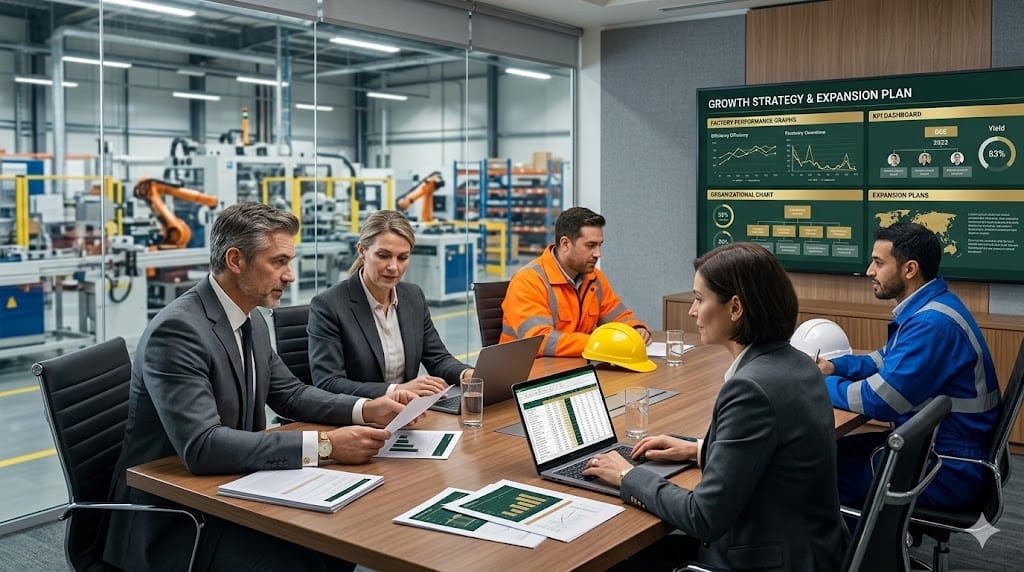 Private equity executives discussing manufacturing transformation strategy with plant leaders in modern conference room