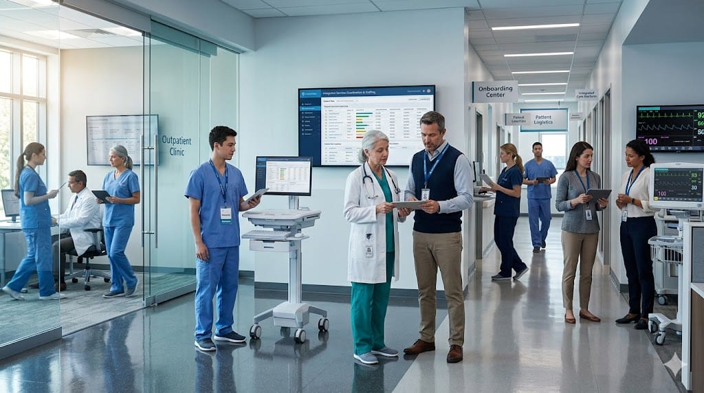A multidisciplinary team of healthcare professionals and executives coordinating across a modern care environment, representing recruitment for PE-backed healthcare and services platforms