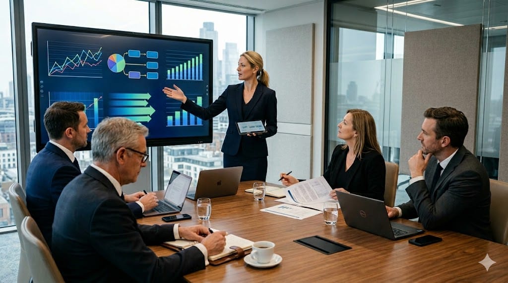Private equity executives interviewing a CFO candidate to drive value creation in a portfolio company, reviewing financial strategies in a modern boardroom