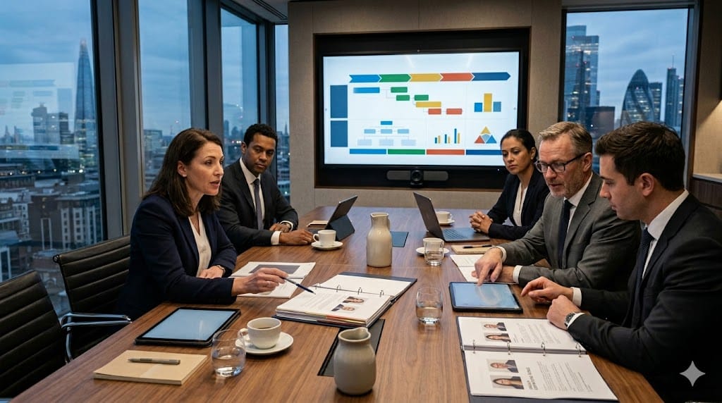 Private equity executives planning a 90-day CEO recruitment framework for a portfolio company in a modern strategic meeting room