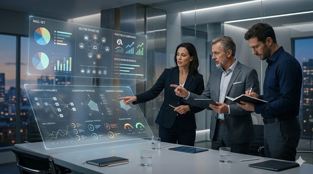 Private equity professionals building a bench of ready-now CEO candidates using interactive talent dashboards and strategic planning tools