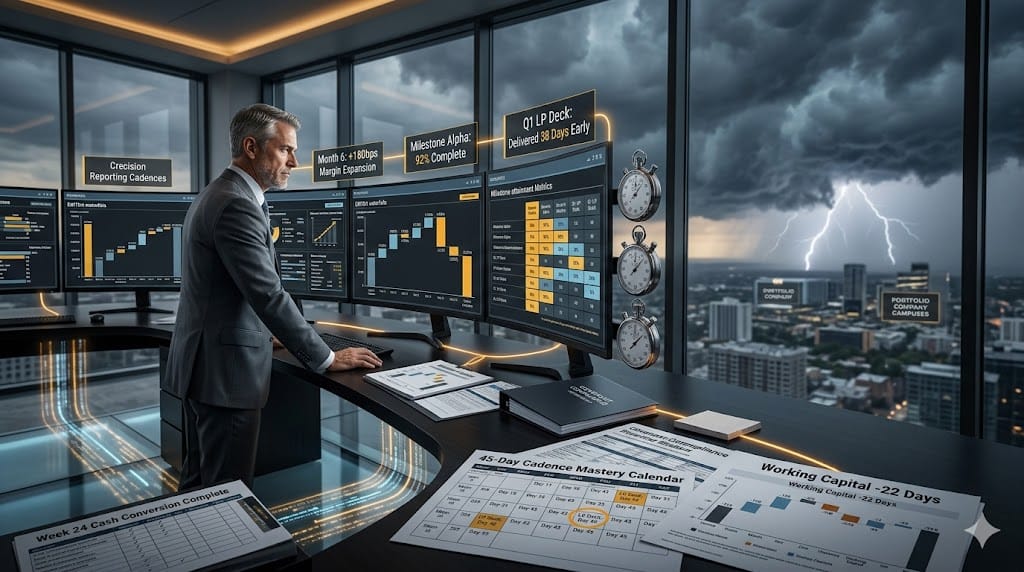 PE portfolio managers enforcing reporting cadence and milestone discipline, tracking EBITDA waterfalls and value creation KPIs in high-stakes oversight chamber.