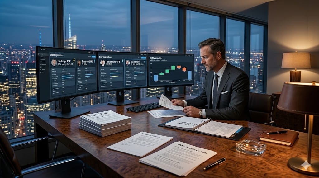 private equity partners recruiting turnaround specialists for retail portfolio companies, evaluating CEO candidates through operational diligence matrices.