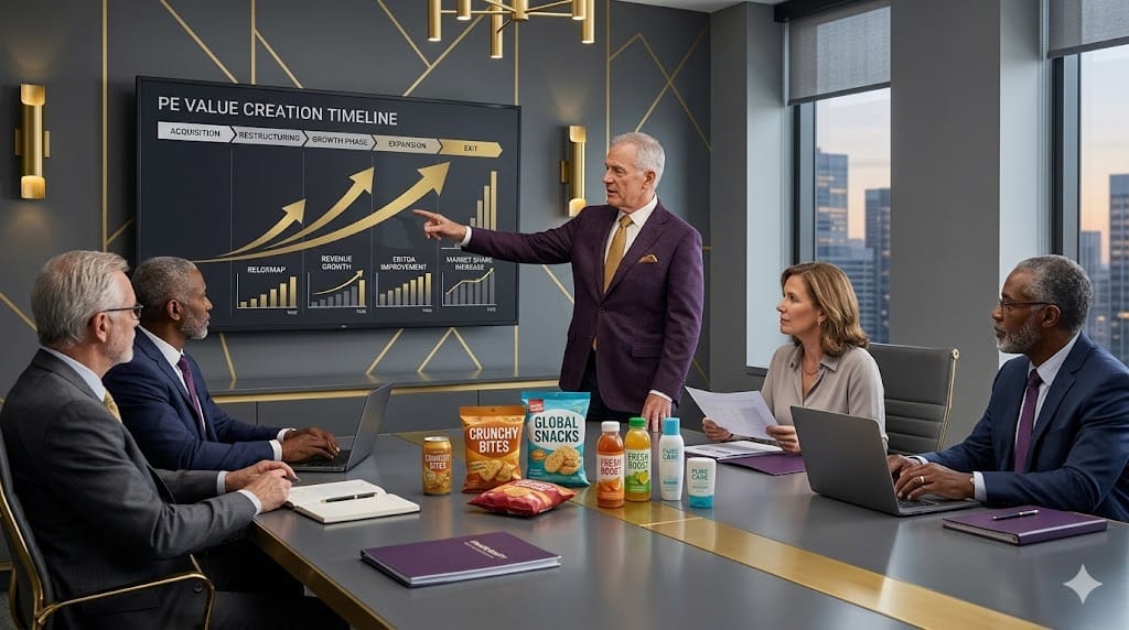Private equity and CPG executives reviewing value creation timeline with growth chart, milestones, and portfolio performance dashboard