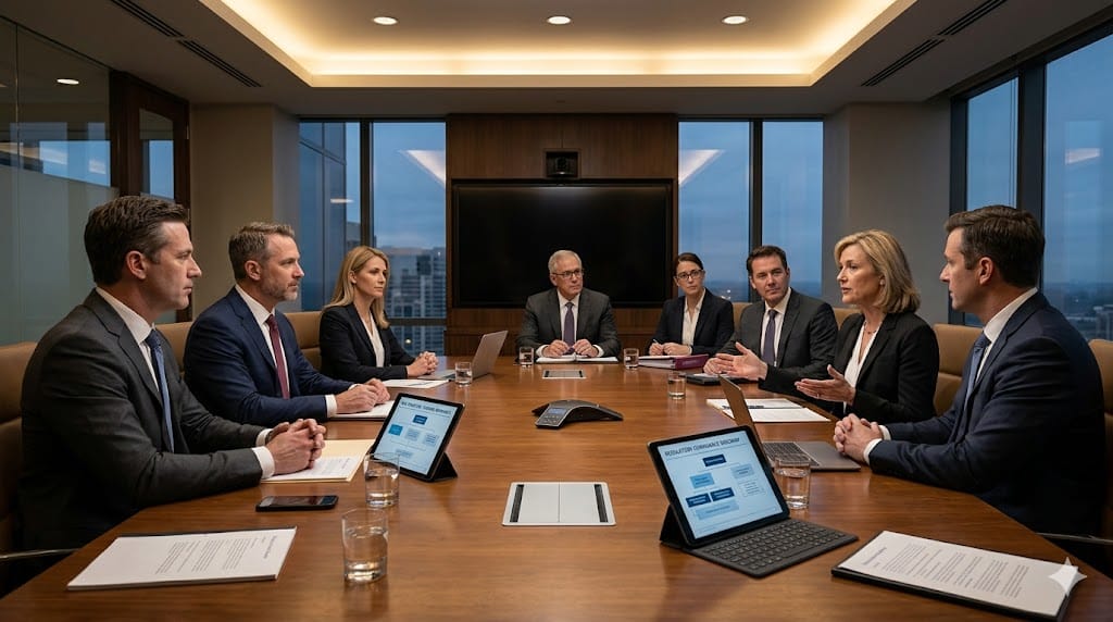 Private equity sponsors, company management, and external legal counsel collaborating in a strategic meeting, representing partnership and alignment.