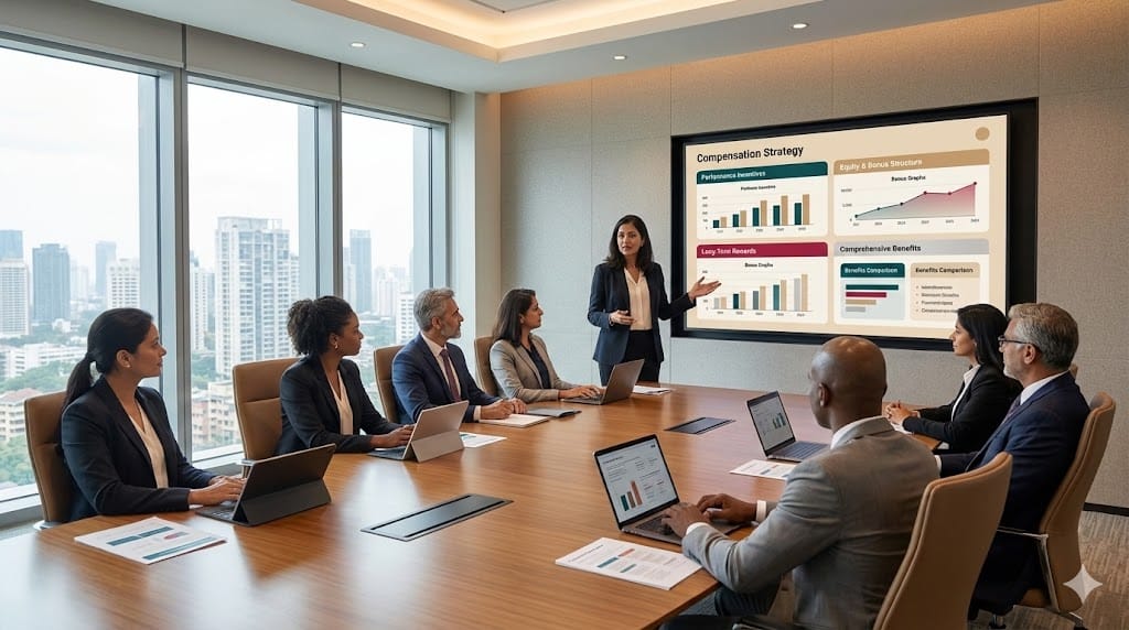 HR and executive leaders reviewing performance-based incentive plans and employee benefits strategy during a compensation planning meeting