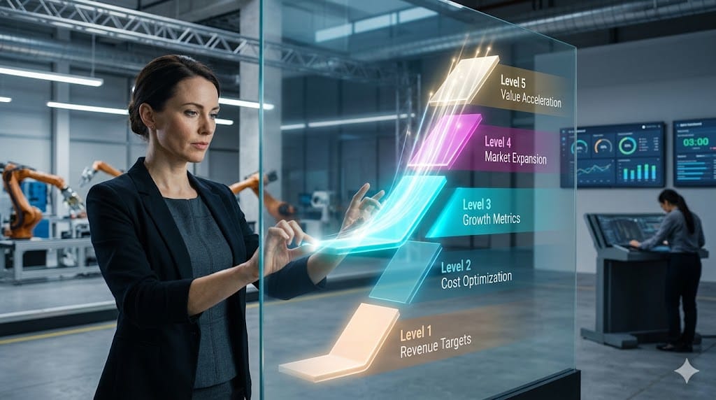 A professional activating a tiered reward system visualized as illuminated pathways accelerating upward, symbolizing incentive structures driving rapid business value creation