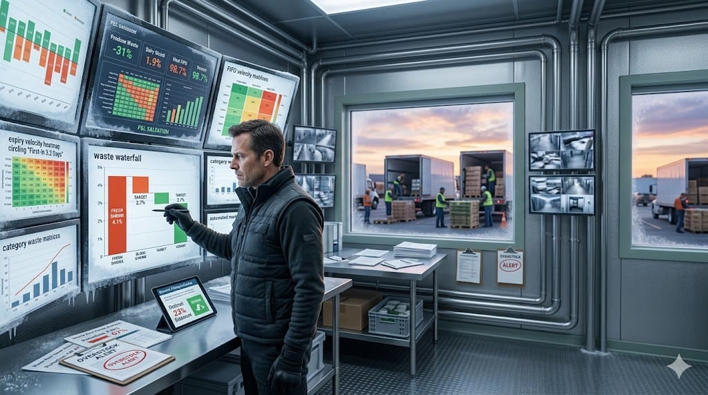 grocery operations director mastering perishable inventory shrinkage as P&L linchpin, optimizing FIFO rotation and waste reduction dashboards in chilled control center.