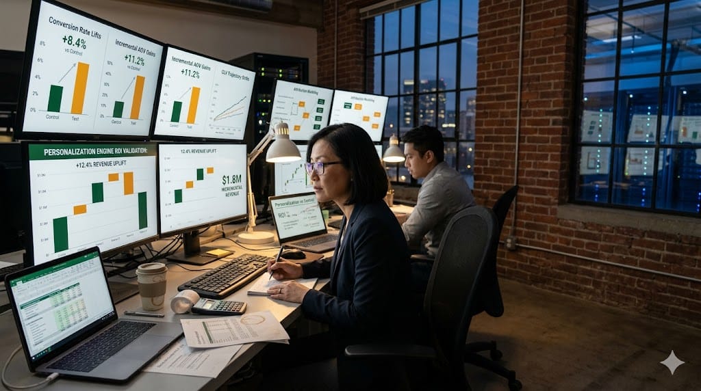 e-commerce executives validating personalization engine ROI through conversion lift, AOV growth, and CLV uplift dashboards.