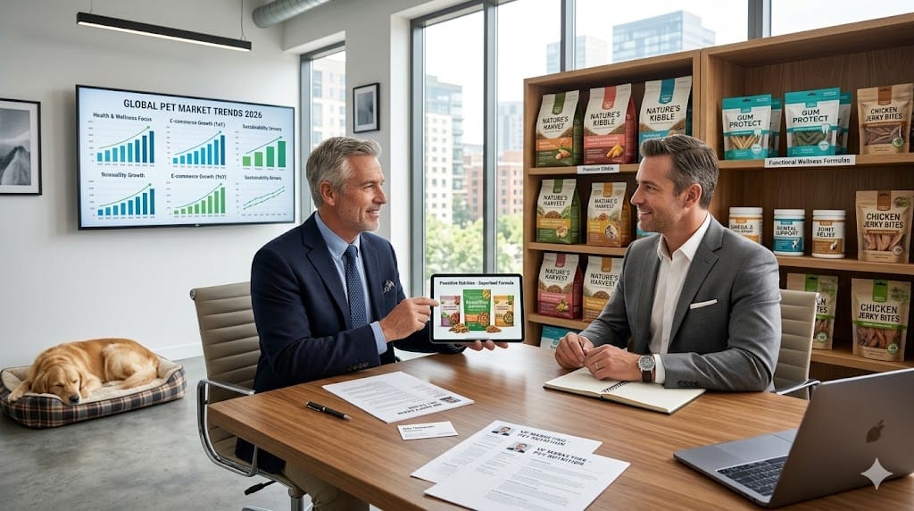 Professional executive recruiter interviewing pet care industry leader in modern office, surrounded by premium pet food packages, wellness product displays, and digital screens showing hiring trends for C-suite roles in the booming $273B+ pet sector.