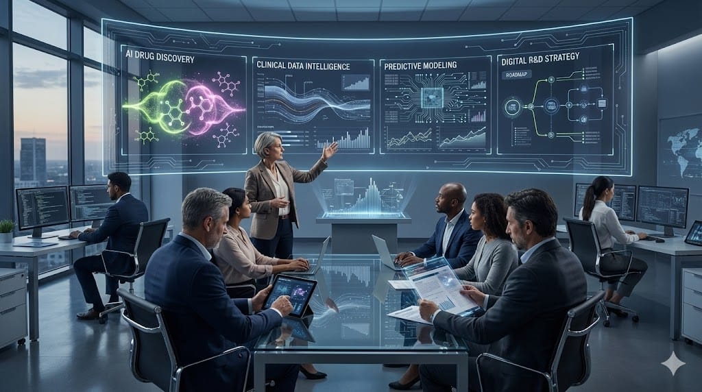 Pharmaceutical executives reviewing artificial intelligence and data science strategy dashboards during a leadership hiring discussion.