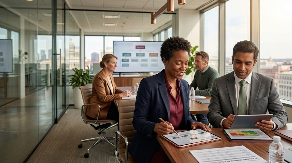 A realistic image of a diverse group of pharmaceutical compliance leaders collaborating on succession planning strategies in a modern US-based corporate setting.