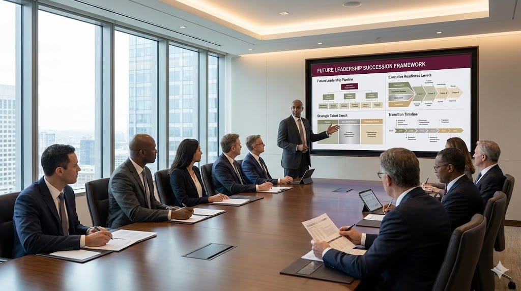 Pharmaceutical board members reviewing leadership succession planning strategy for C-suite roles during an executive board meeting.