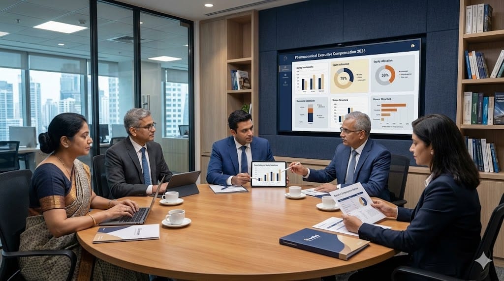 pharmaceutical executives and HR leaders reviewing salary benchmarks and equity compensation charts for 2026 in a strategic planning meeting
