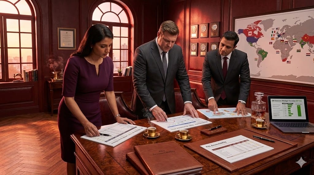 Pharma general managers reviewing P&L performance in naturally lit executive suite—spreadsheets show revenue growth +18%, margin expansion 7.2 points, and market share gains on mahogany desk with market reports and espresso cups.