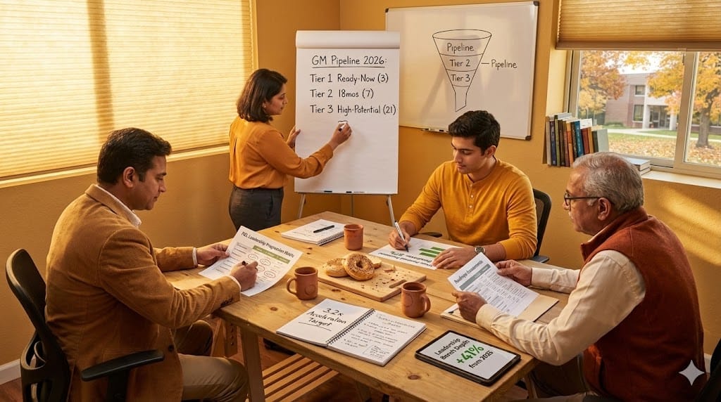 Pharma leadership team building GM succession pipeline in warmly lit training room—org chart on easel maps high-potential talent progression amid development plans, bagel spread, and marker boards during realistic talent strategy session.