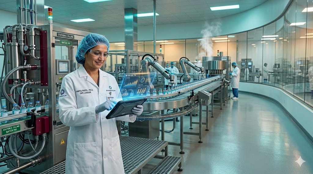 Realistic scene of a pharmaceutical manufacturing leader overseeing advanced production operations in a modern cleanroom facility.