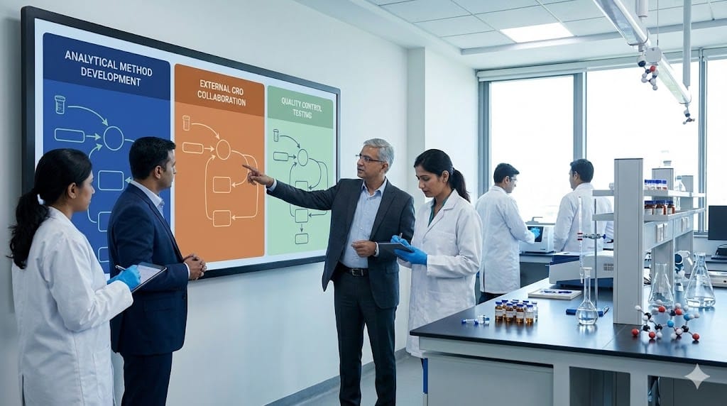 Pharmaceutical executives and laboratory scientists discussing outsourcing strategy for analytical development with research data displayed on screens.