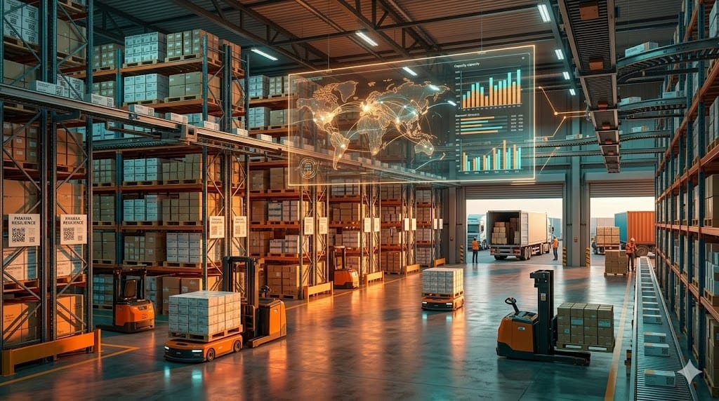 Pharmaceutical supply chain resilience and capacity planning with automated warehouse, cargo containers, and digital logistics tracking