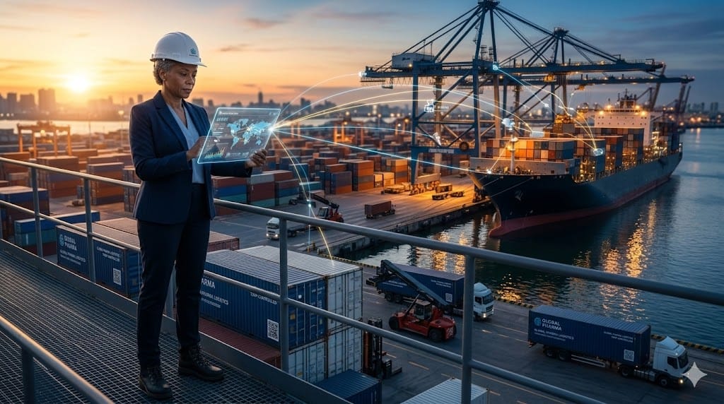 Pharmaceutical supply chain leadership overseeing global drug distribution with cargo containers, shipping port, and logistics network