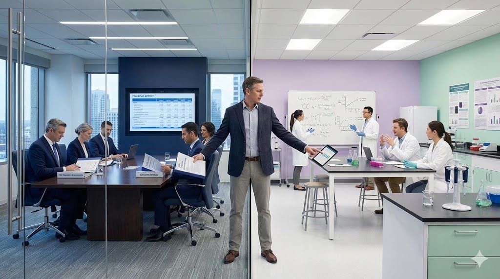 pharmaceutical and biotech executives discussing leadership transition challenges between large pharma companies and agile biotech startups