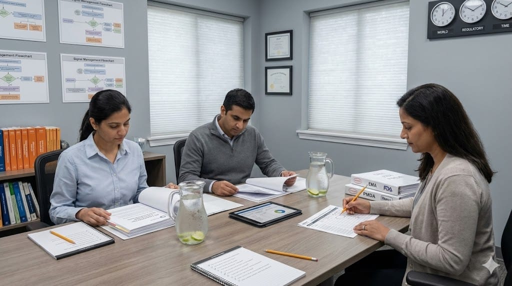 Pharmacovigilance recruitment team interviewing drug safety leadership candidates in softly lit compliance office—signal detection case studies and regulatory dossiers spread across table with water glasses and notepads during realistic safety executive hiring session.