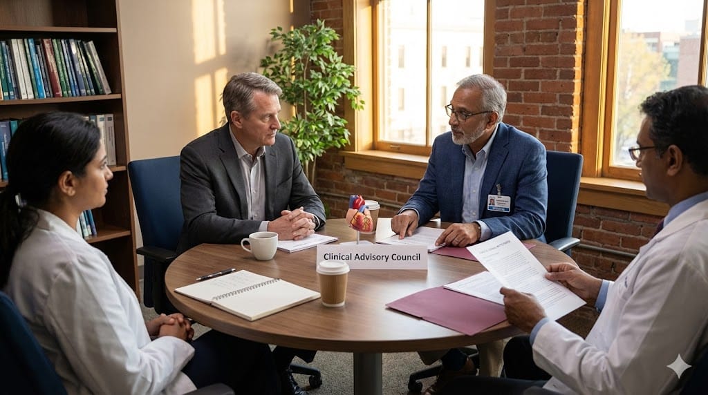 Medical device executive engaging in strategic discussion with leading physicians during a clinical advisory roundtable, illustrating strong KOL relationship management.
