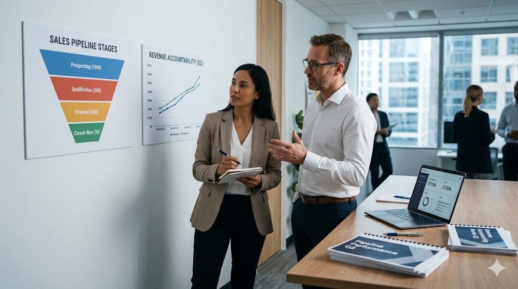 Executives comparing sales pipeline funnel and revenue chart during strategy discussion