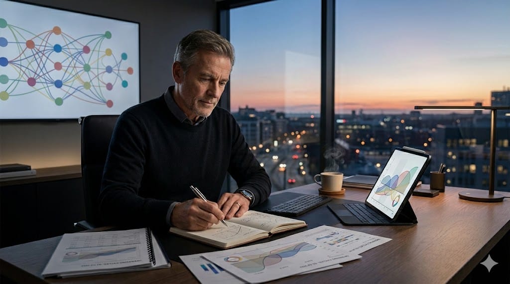 Executive overseeing profit and loss ownership across multiple operating cycles using financial dashboards and strategic planning tools