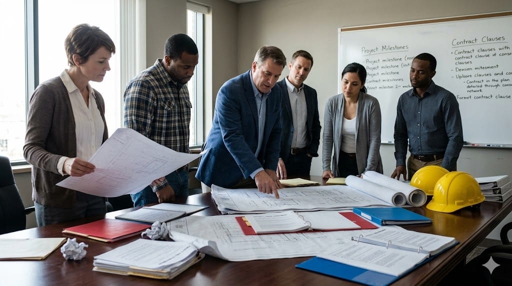 Stakeholders reviewing project labor agreement documents over construction plans