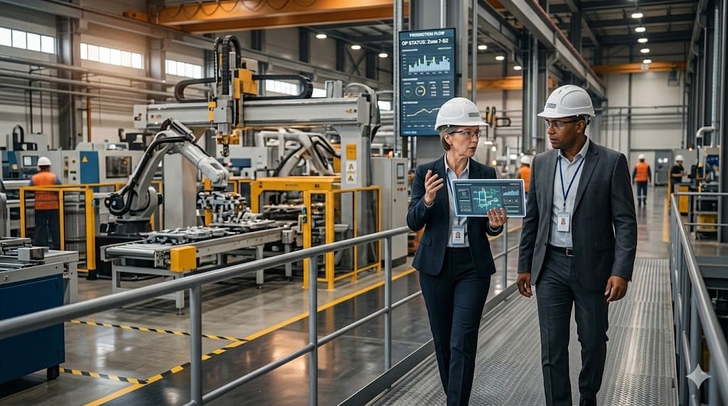 New plant manager onboarding in manufacturing facility with leadership walkthrough training and operational guidance
