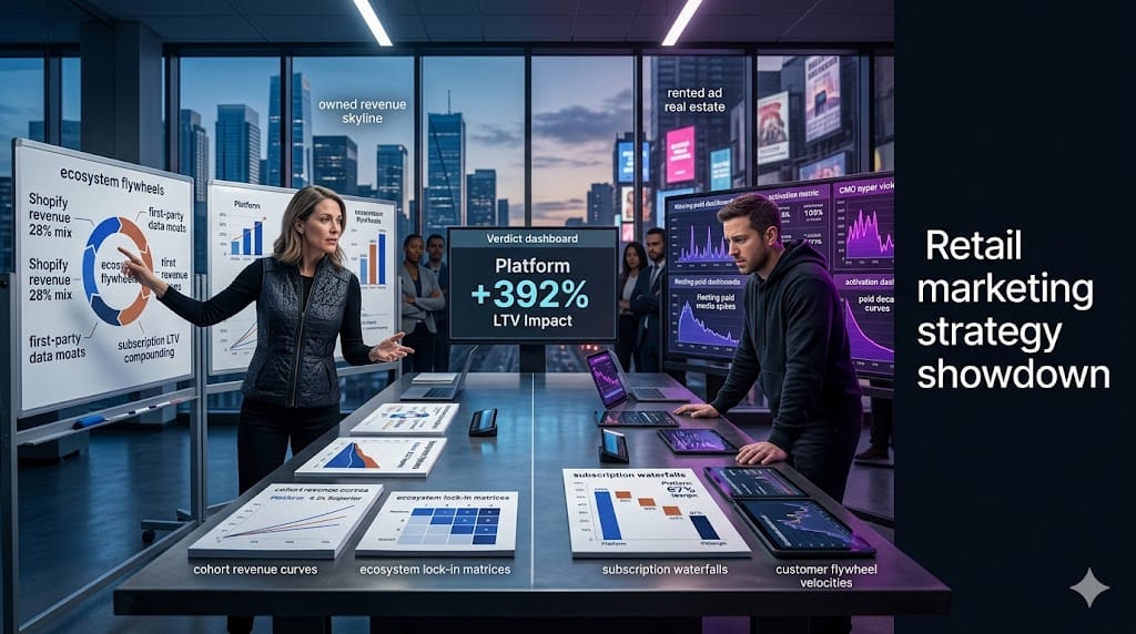 split-scene contrasting platform revenue ownership strategist versus campaign manager, evaluating LTV acceleration against tactical execution metrics.