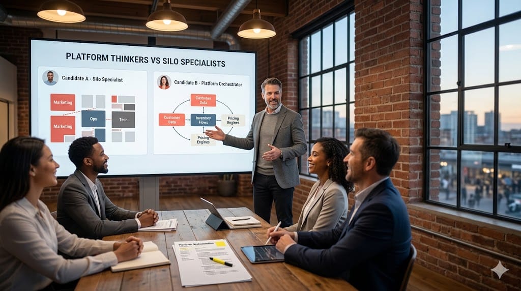 retail executives evaluating platform thinker candidates who connect cross-functional commerce ecosystems over traditional silo specialists.