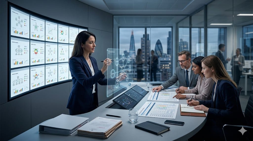 Investment and leadership teams defining portfolio-centric leadership specifications using strategic frameworks and data insights
