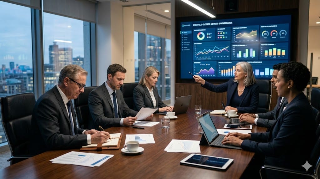 Board members reviewing portfolio CEO performance metrics and governance dashboards in a modern corporate meeting room