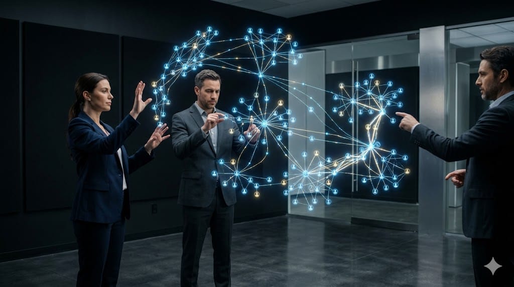 Private equity team visualizing portfolio-wide leadership mapping through interconnected digital network structures and talent insights