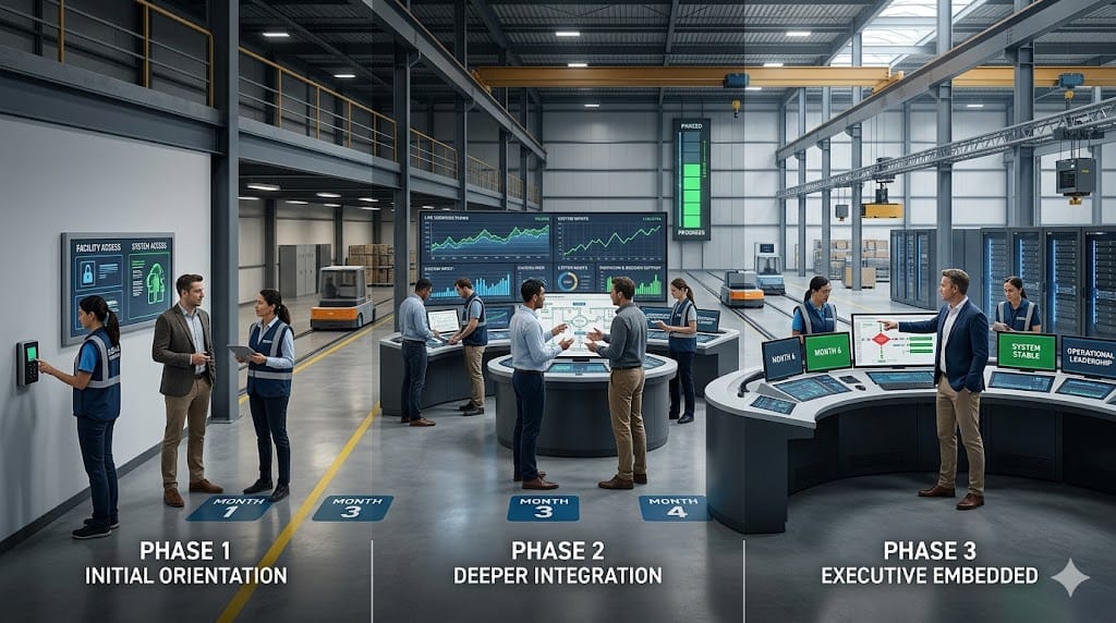 A team supporting a new executive through structured onboarding phases across a timeline-driven operational environment