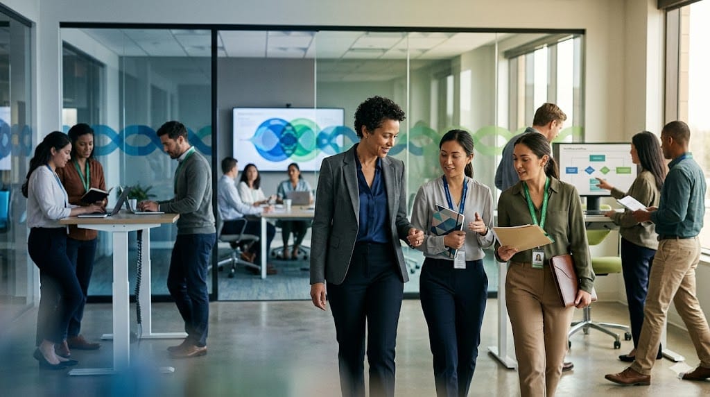 New executive integrating into a portfolio company environment after acquisition, aligning teams and systems in a dynamic corporate setting
