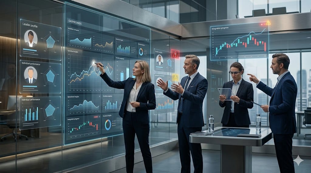 Private equity executives continuously monitoring leadership performance post-acquisition using advanced analytics and dynamic dashboards