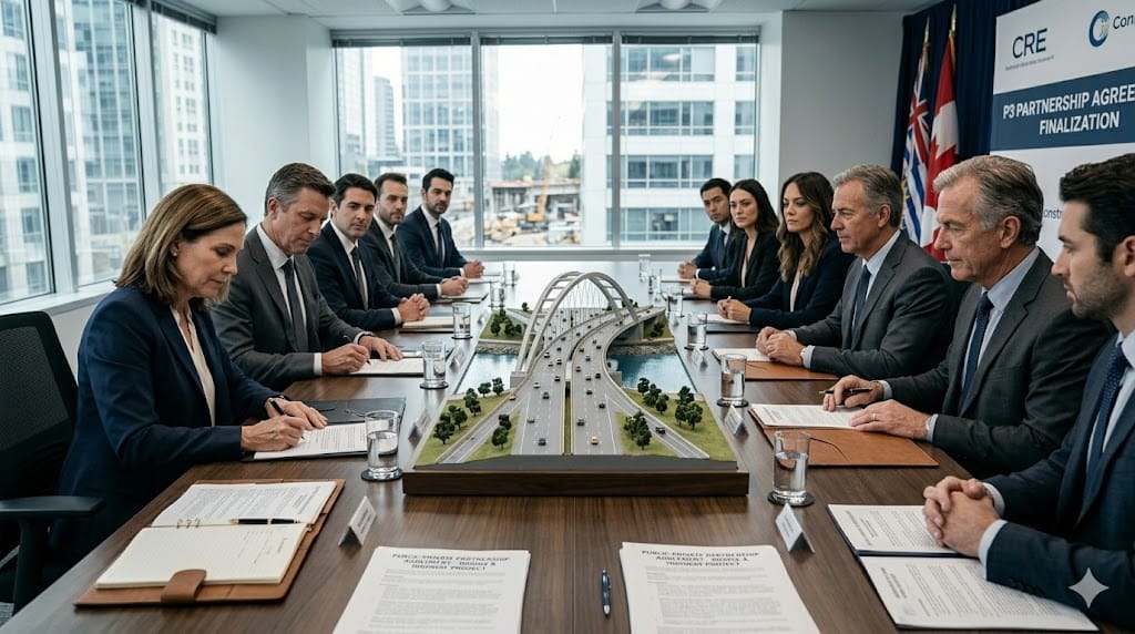 Government and private sector leaders signing partnership agreement over infrastructure model