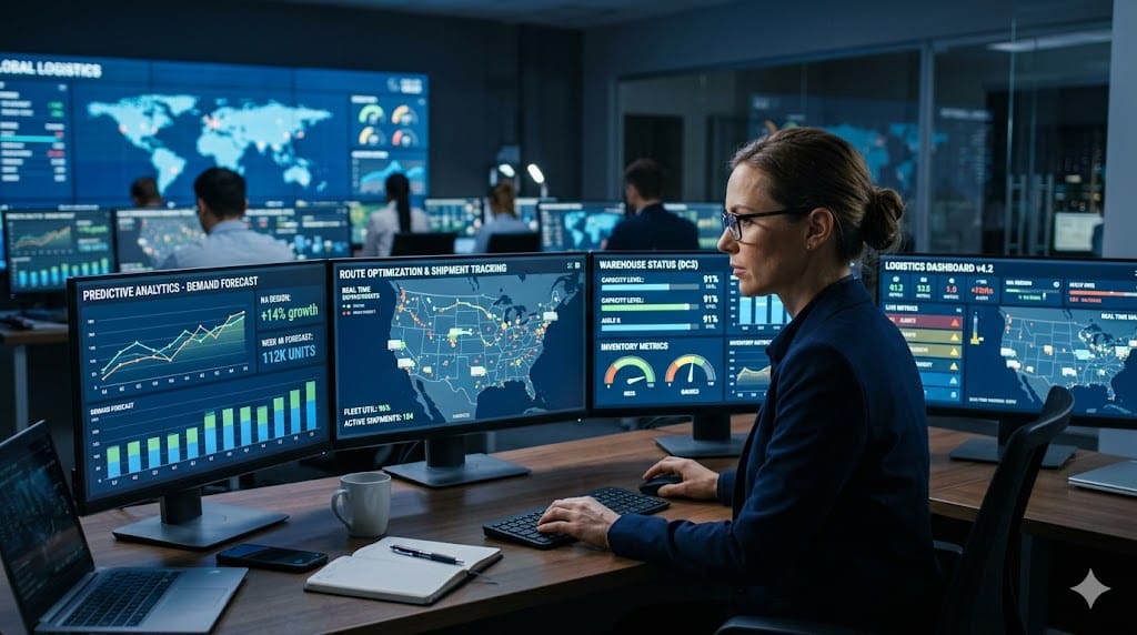 Supply chain manager using predictive analytics dashboard to make real-time operational decisions in logistics control room