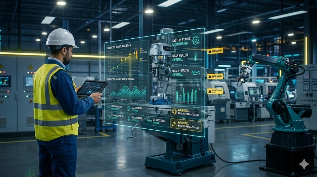 Engineer using predictive maintenance system to monitor manufacturing machine performance and reduce downtime