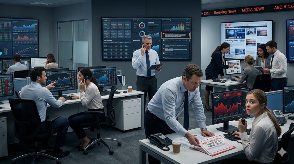 A professional team reacting to unintended information exposure as signals spread across a connected business environment, illustrating market damage from premature search leaks