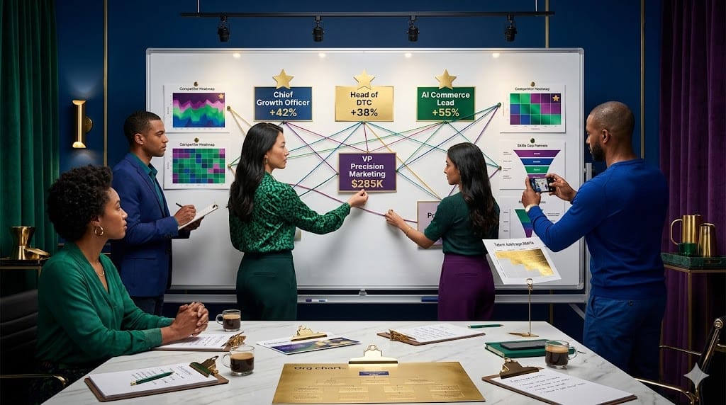 Strategic talent mapping session where CPG executives prioritize emerging roles driving premium pay through a physical meritocracy board showing "Chief Growth Officer +42% premium," "Head of DTC +38%," and "AI Commerce Lead +55%" with gold star markers amid competitor salary heatmaps and skills arbitrage calculations.