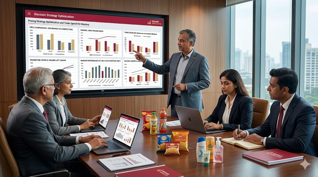Executives analyzing pricing strategy and trade spend ROI with financial charts, retail pricing dashboard, and revenue performance graphs
