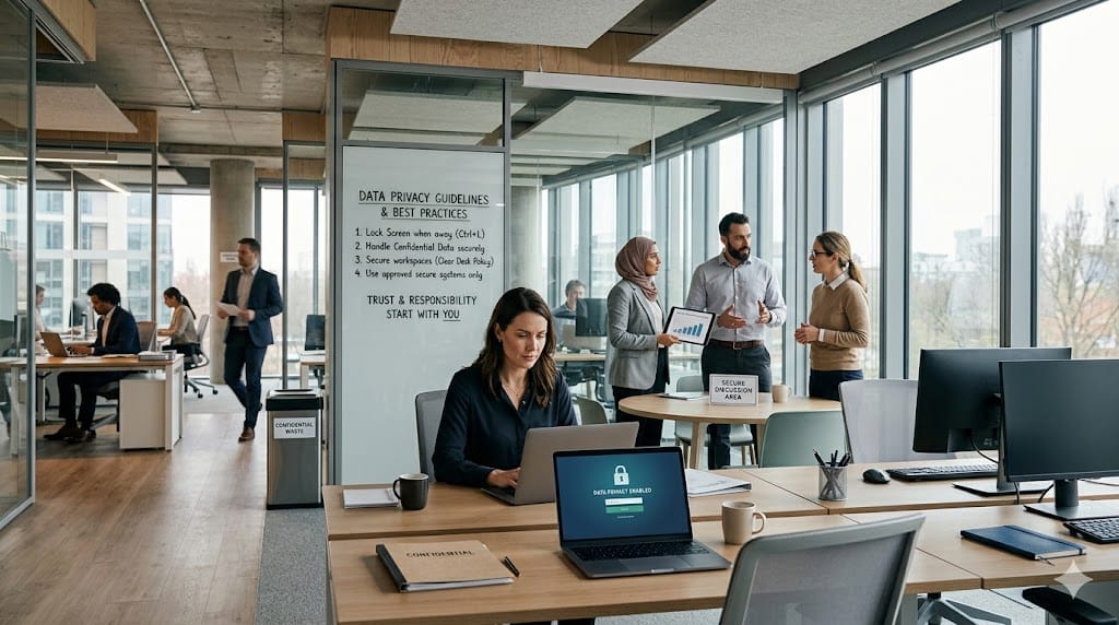 Corporate team integrating data privacy practices into everyday workflows, symbolizing a privacy-first enterprise culture.