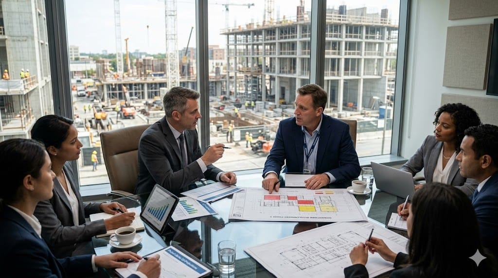 Private equity investors meeting construction executives with building project visible outside window