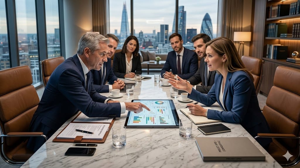 Private equity leaders and executive search consultants collaborating on talent strategy in a high-end corporate setting