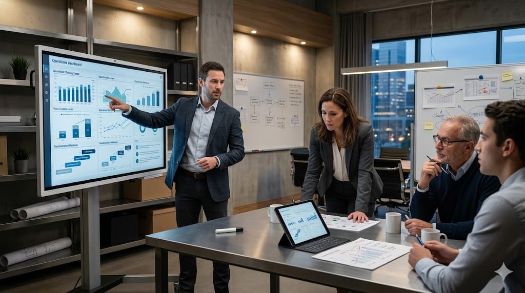 Private equity leaders assessing an operating partner candidate’s leadership impact and operational expertise in a strategic setting