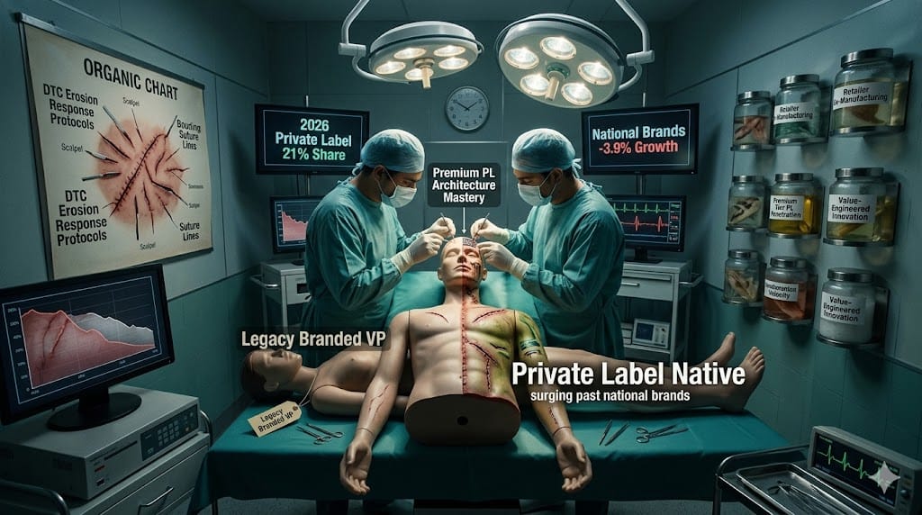 Executive headhunter's dissection theater where CPG talent scouts surgically extract "Private Label Counterstrike DNA" from branded executive cadavers, transplanting store-brand growth accelerators into national brand skeletons amid charts showing private labels claiming 21% US market share while reshaping VP Innovation and Category Management hiring mandates